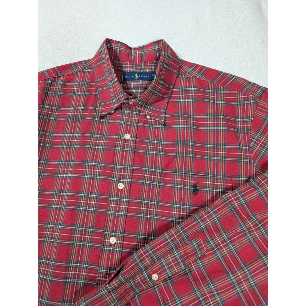 Ralph Lauren Plaid Button Down Shirt Mens 2XL Red Pony Logo Casual Work Comfort